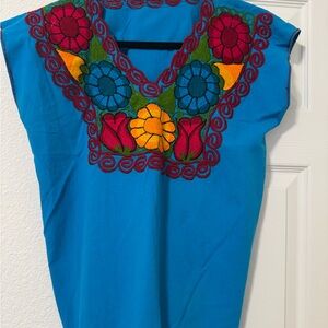 Embroidered Floral V-Neck Women’s Top in Bright Turquoise